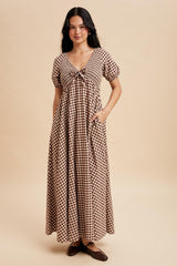 Mocha Smocked Gingham Maternity Maxi Dress