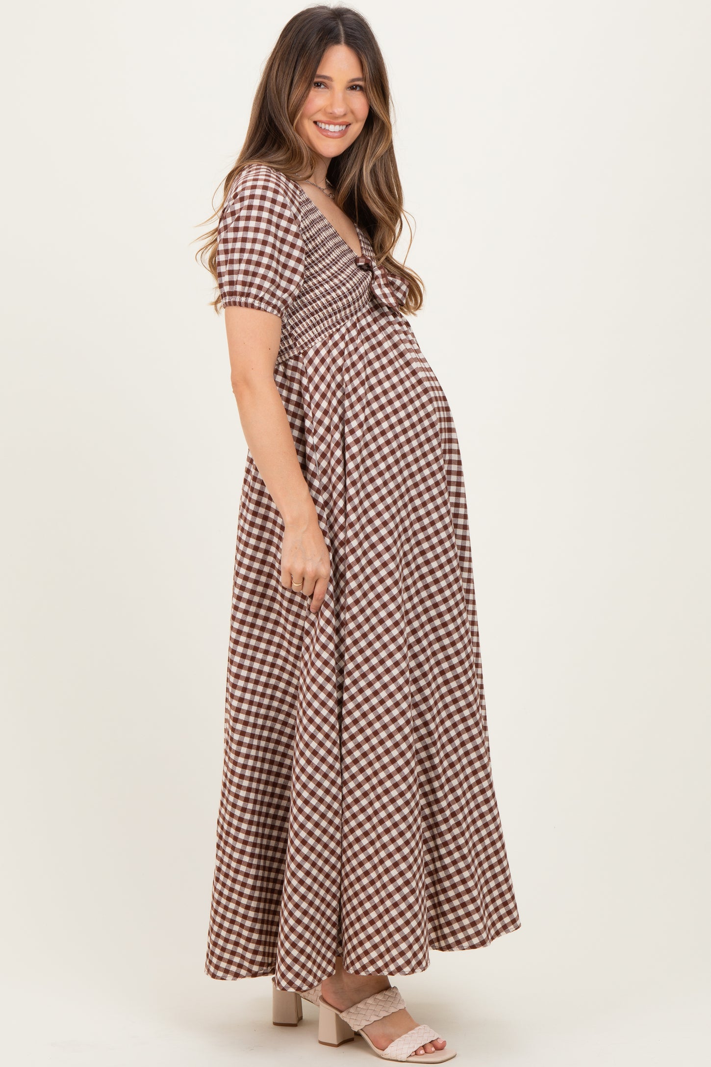 Mocha Smocked Gingham Maternity Maxi Dress