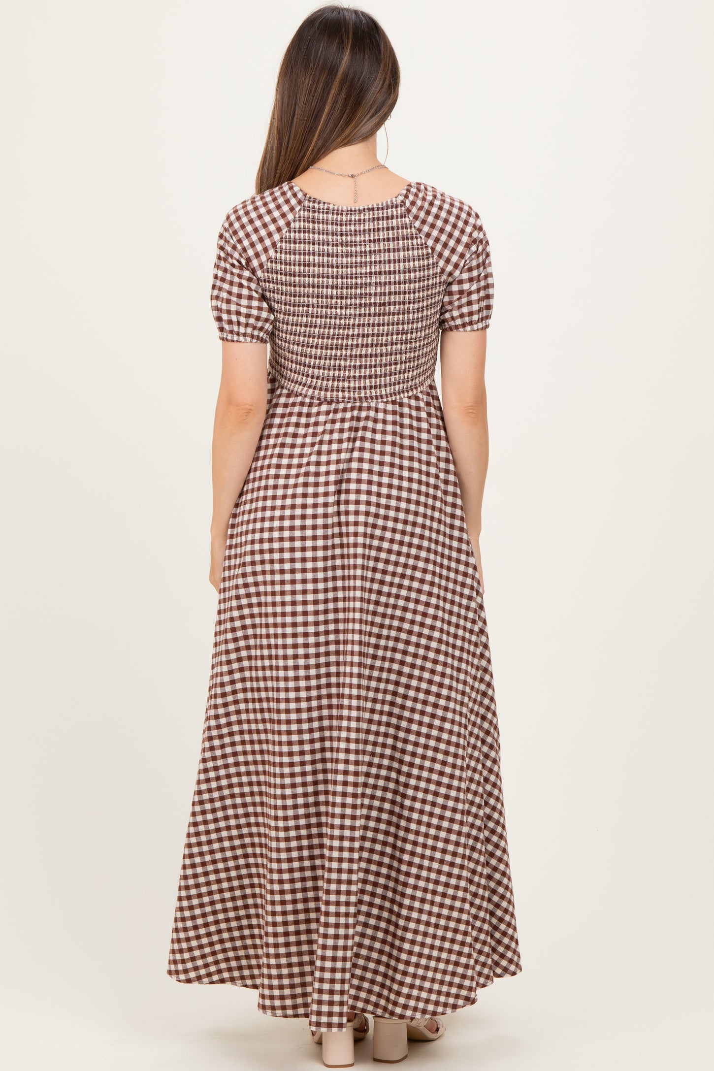 Mocha Smocked Gingham Maternity Maxi Dress