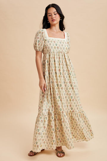 Creme Floral Cotton Puff Sleeve Maxi Dress