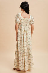 Creme Floral Cotton Puff Sleeve Maxi Dress