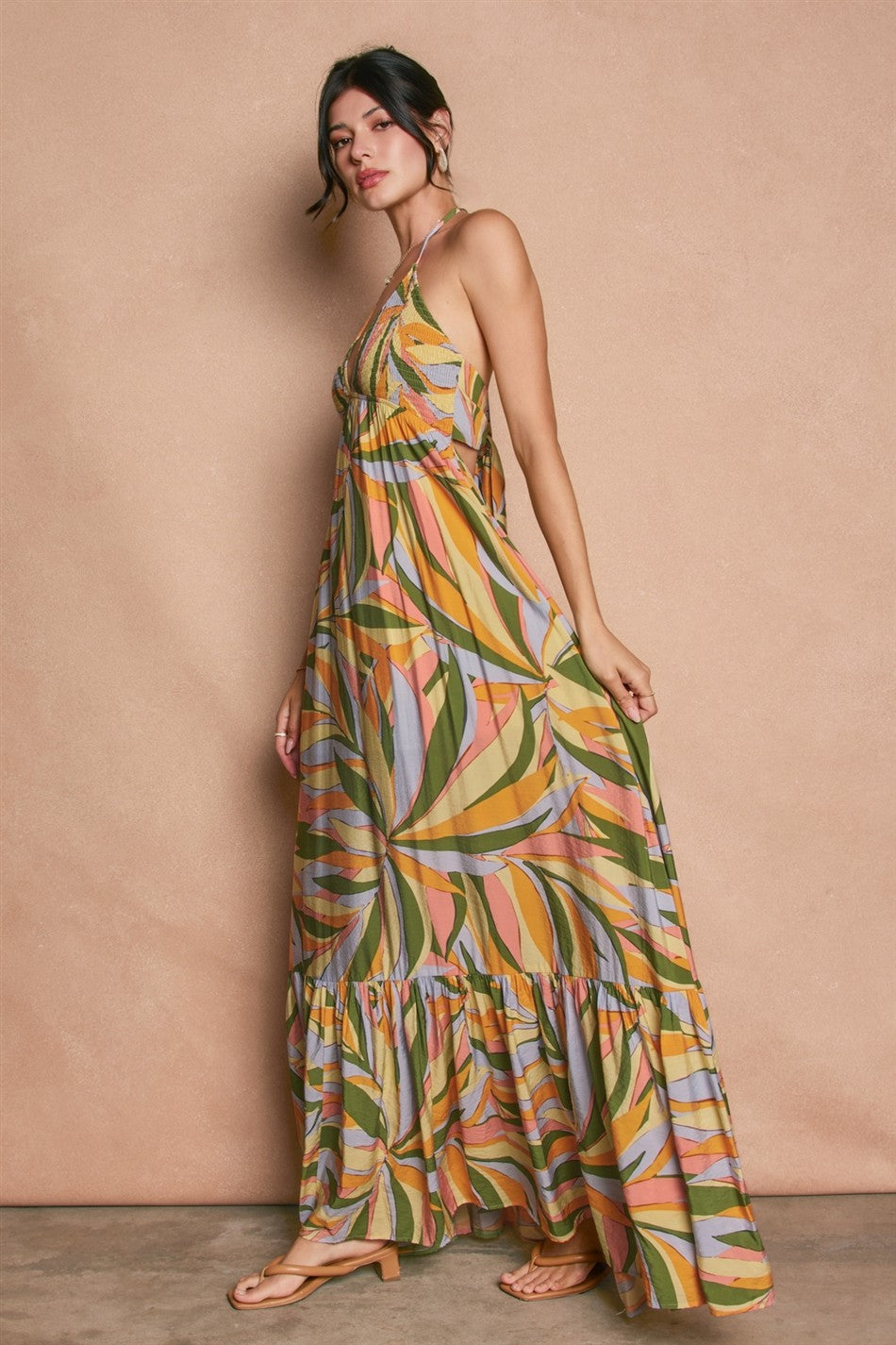 Multicolor Print Halter Cutout Tie Back Maxi Dress