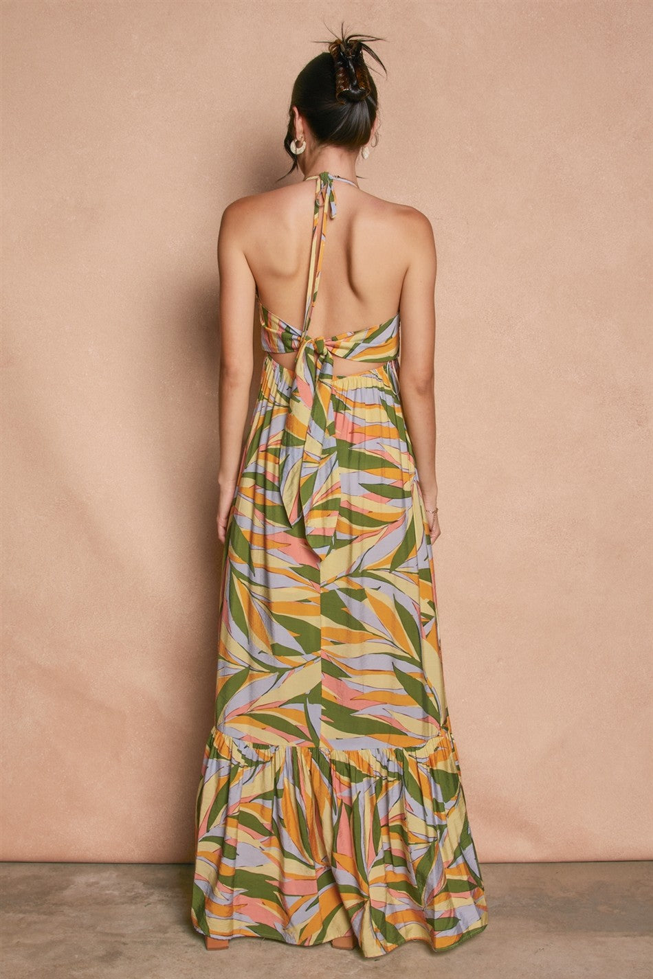 Multicolor Print Halter Cutout Tie Back Maxi Dress