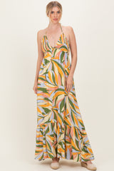 Multicolor Print Halter Cutout Tie Back Maxi Dress