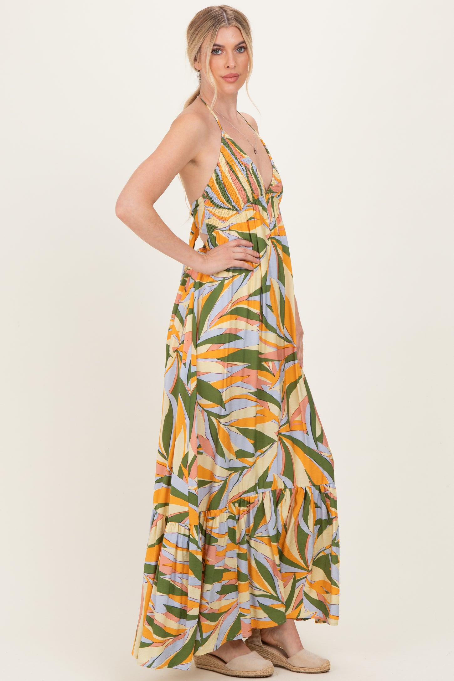 Multicolor Print Halter Cutout Tie Back Maxi Dress