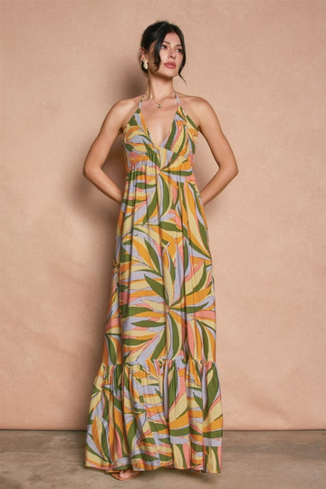 Multicolor Print Halter Cutout Tie Back Maxi Dress