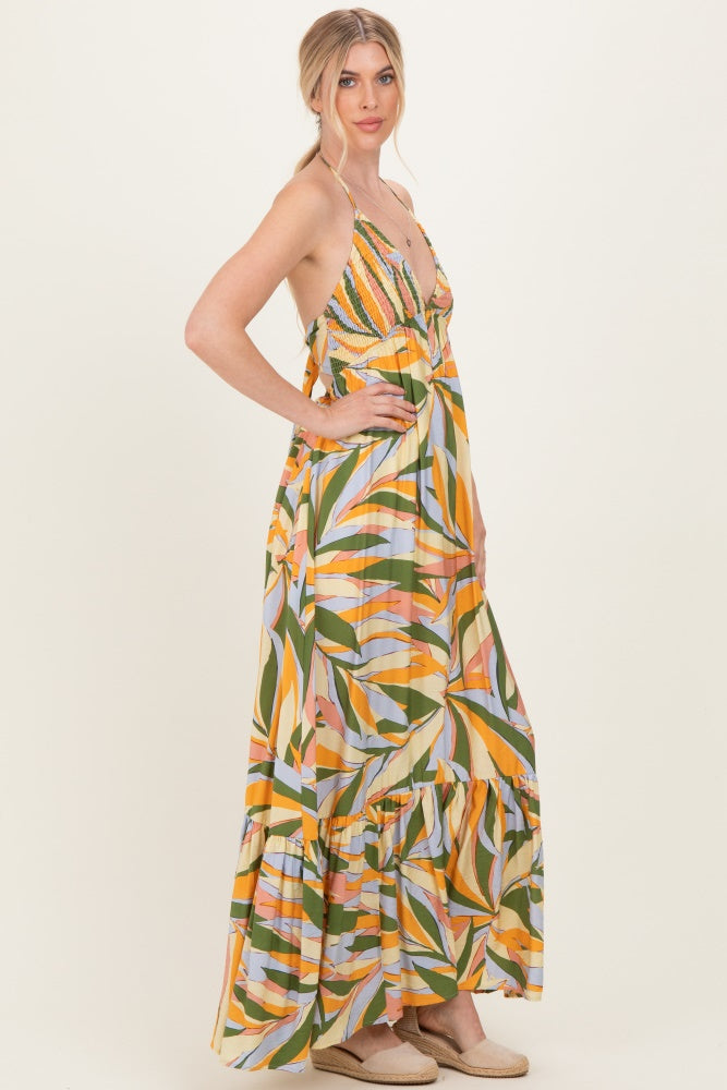 Multicolor Print Halter Cutout Tie Back Maxi Dress