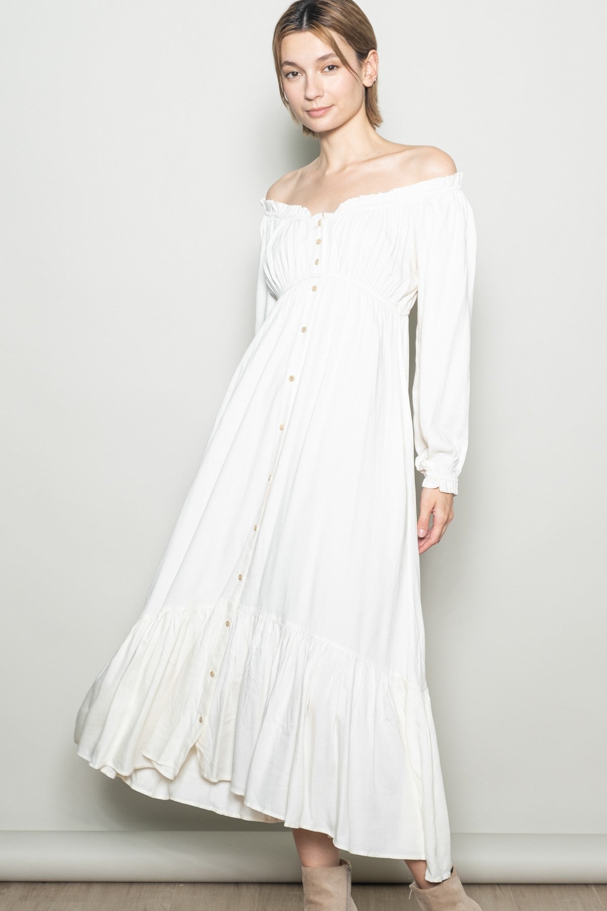 White Off Shoulder Button Accent Maxi Dress