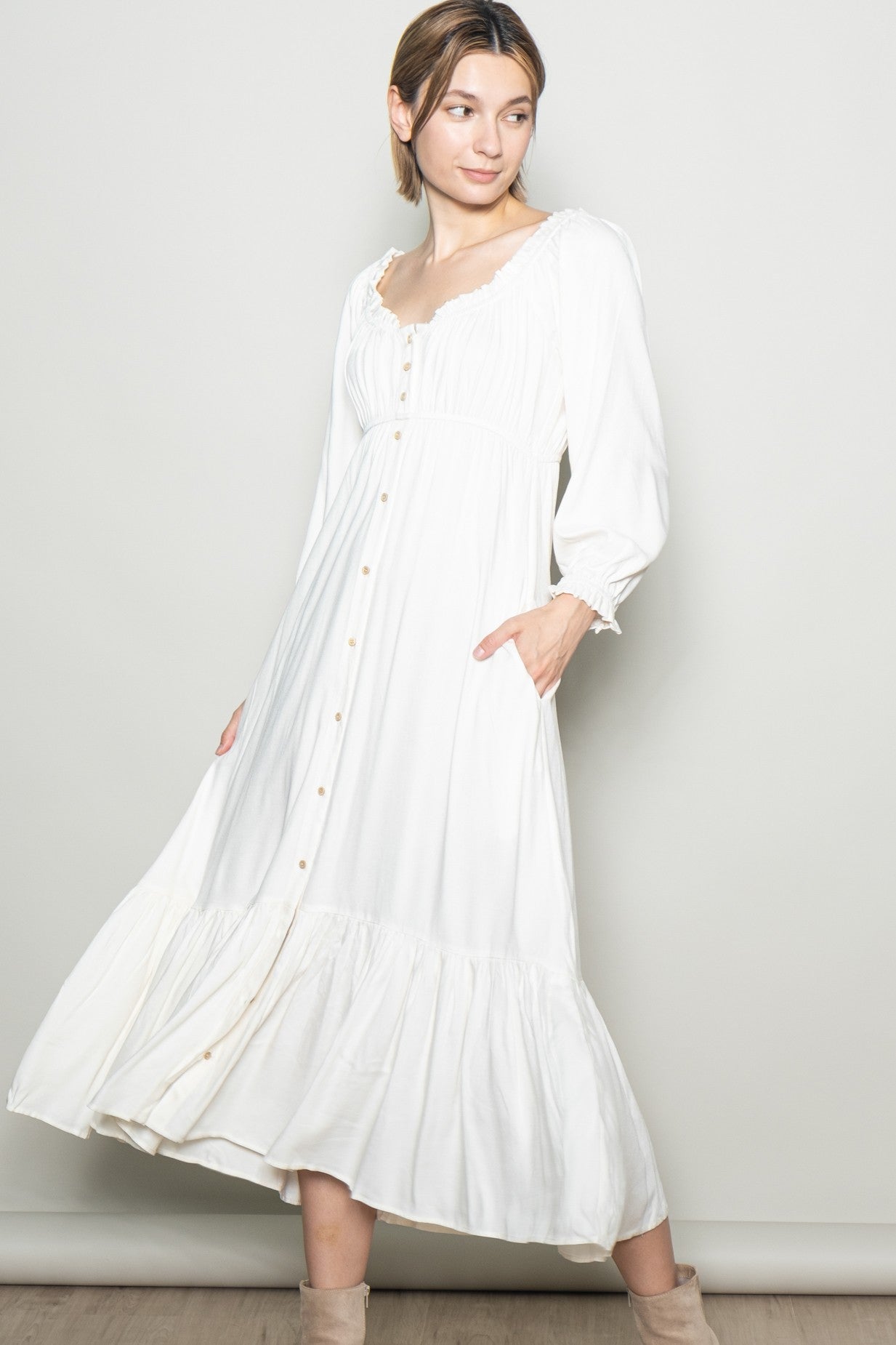 White Off Shoulder Button Accent Maxi Dress
