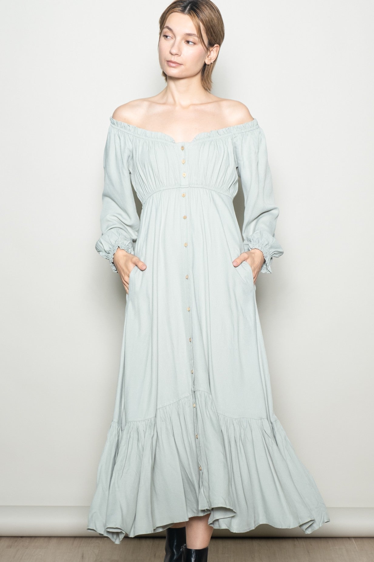 Sage Off Shoulder Button Accent Maternity Maxi Dress