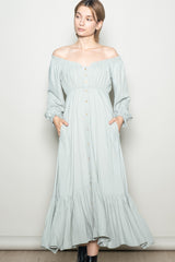 Sage Off Shoulder Button Accent Maternity Maxi Dress