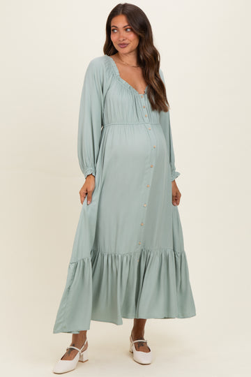 Sage Off Shoulder Button Accent Maternity Maxi Dress
