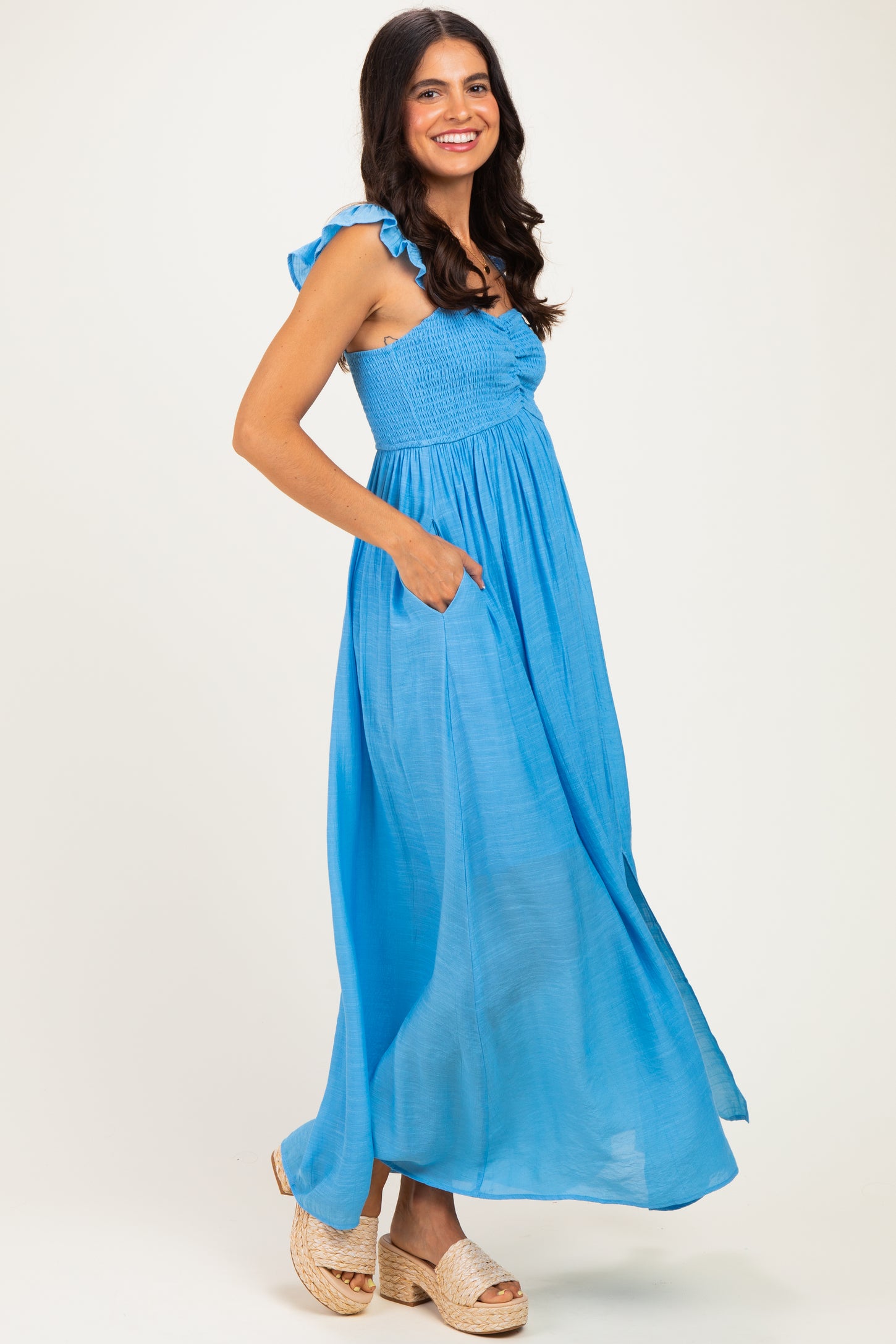 Blue Cinched Smocked Bust Sleeveless Maxi Dress