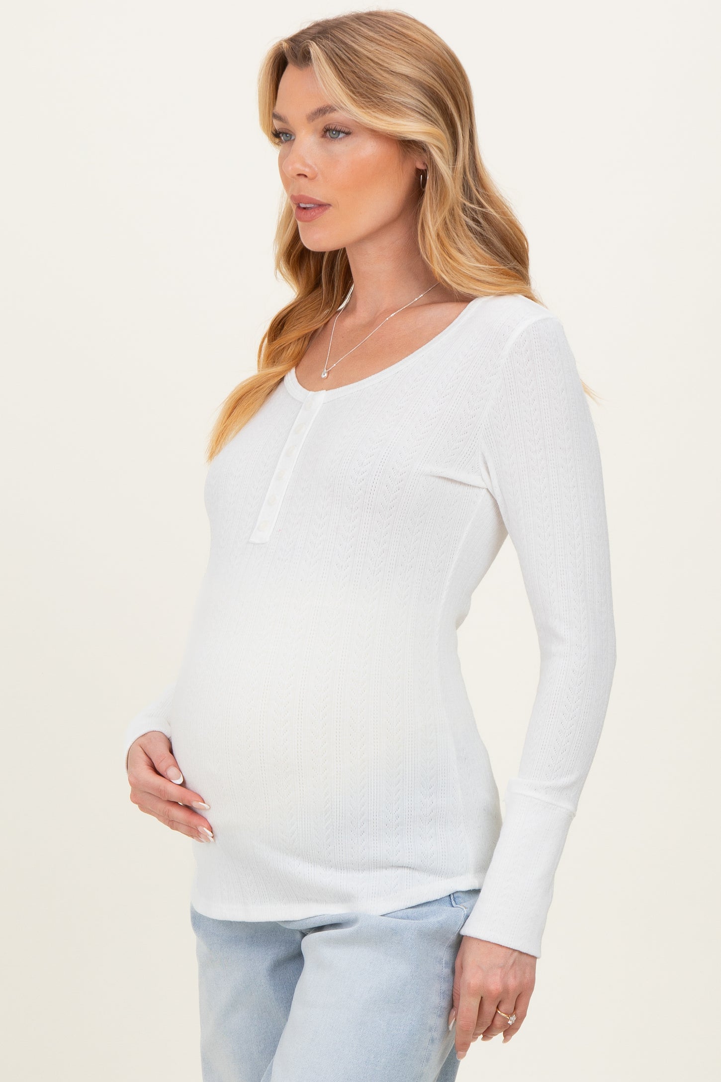 White Pointelle Knit Maternity Henley Top