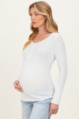 White Pointelle Knit Maternity Henley Top