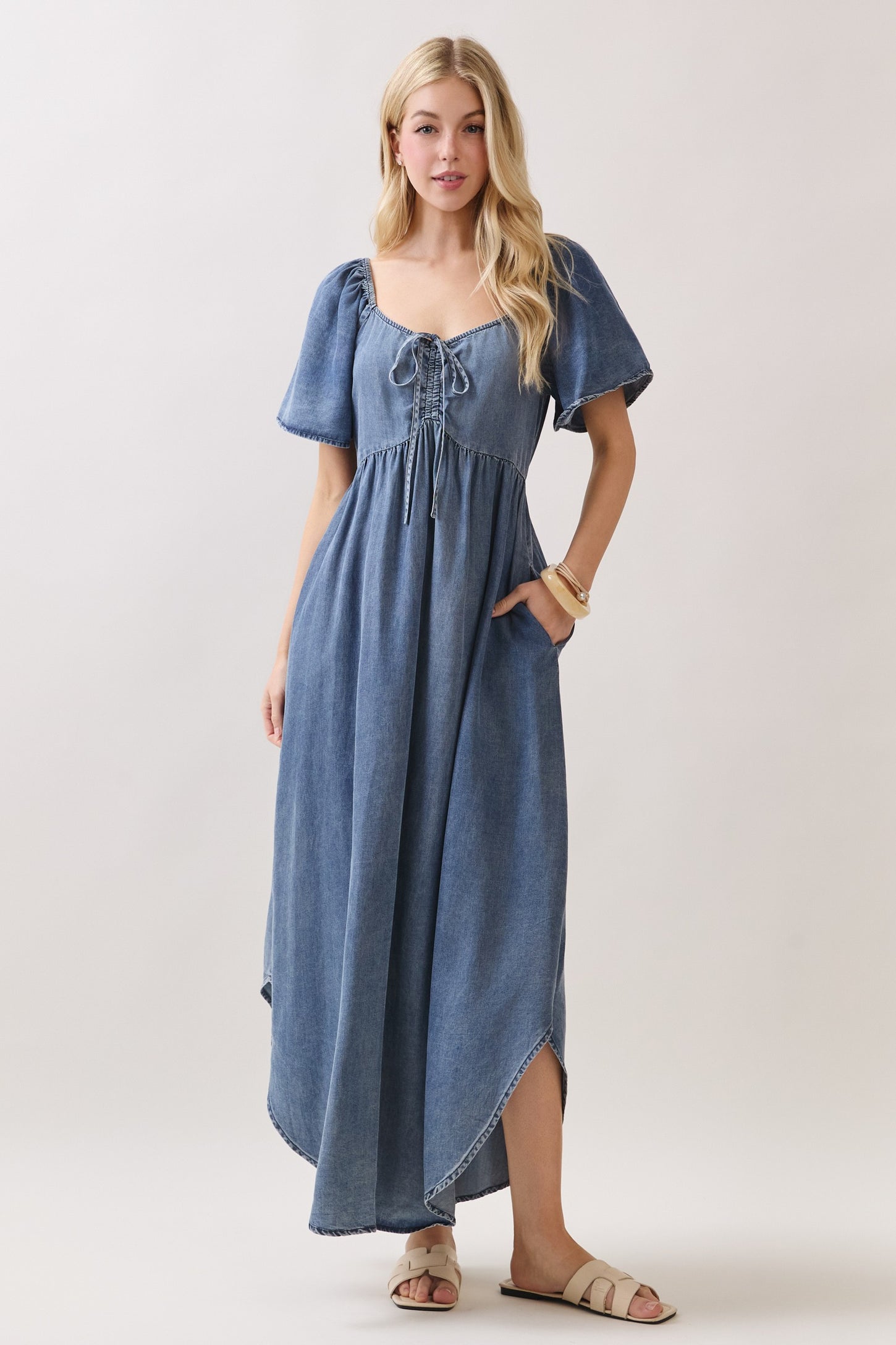 Blue Chambray Cinched Tie Bust Maternity Maxi Dress