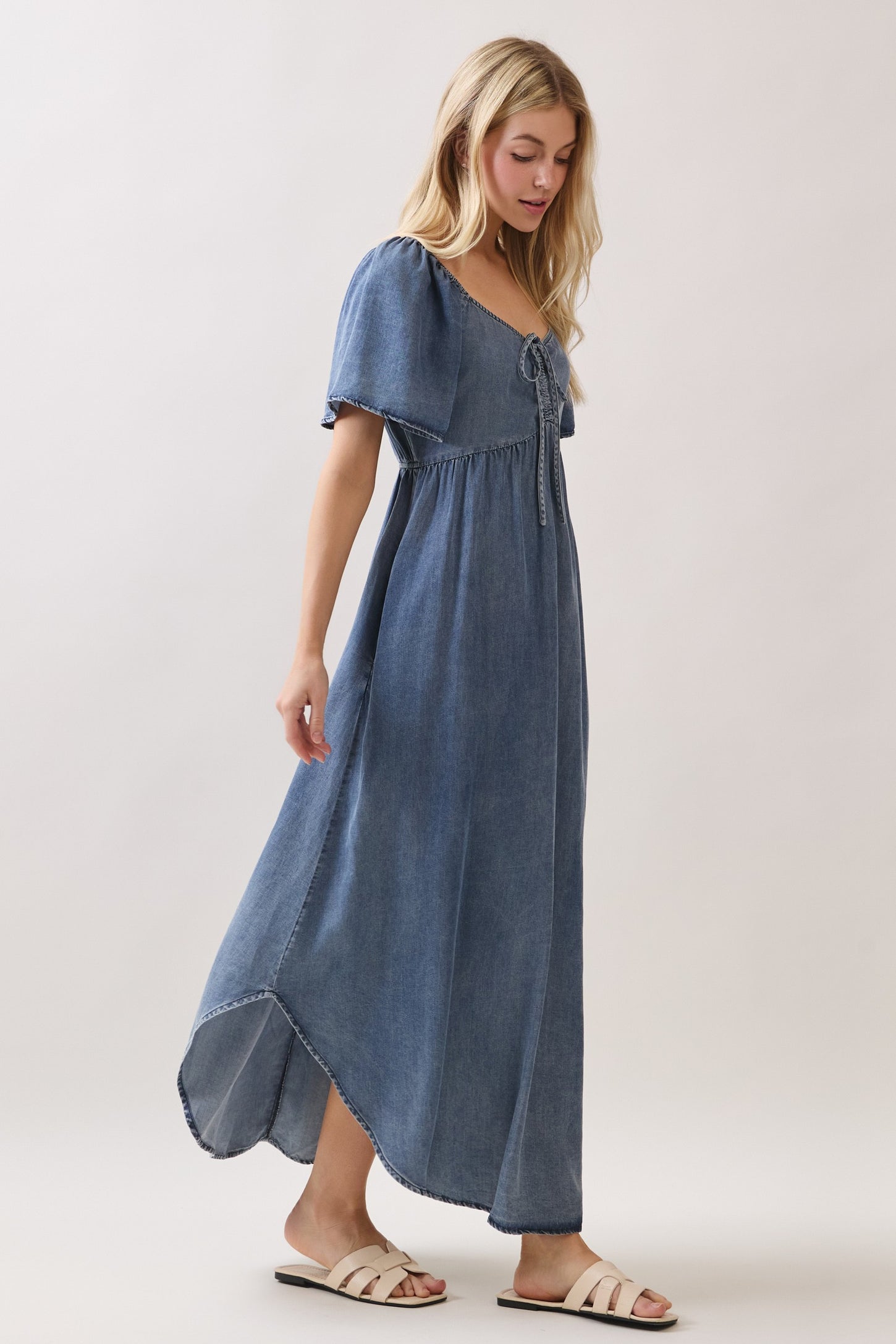 Blue Chambray Cinched Tie Bust Maxi Dress