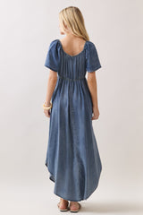 Blue Chambray Cinched Tie Bust Maxi Dress