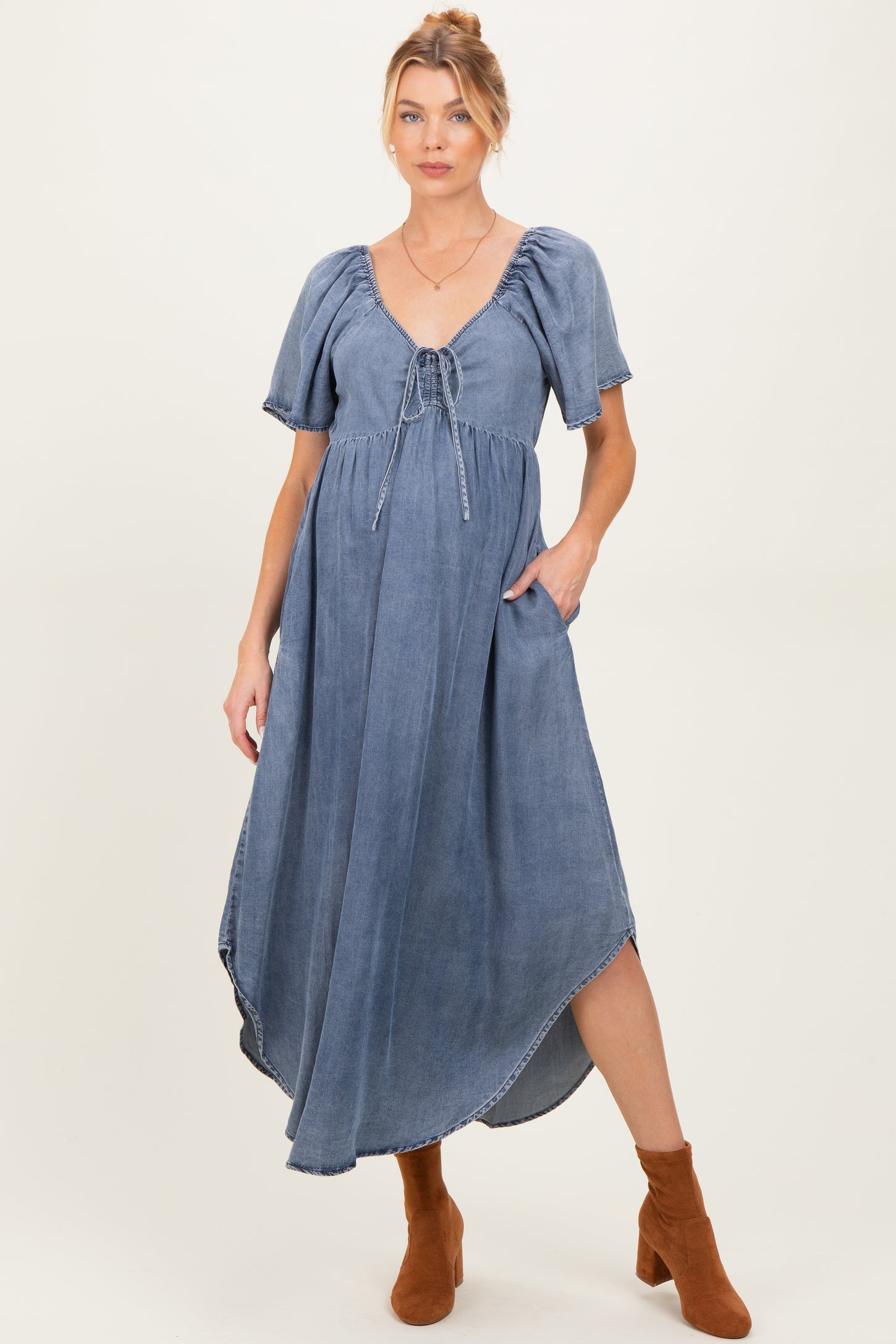 Blue Chambray Cinched Tie Bust Maternity Maxi Dress