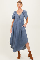 Blue Chambray Cinched Tie Bust Maternity Maxi Dress
