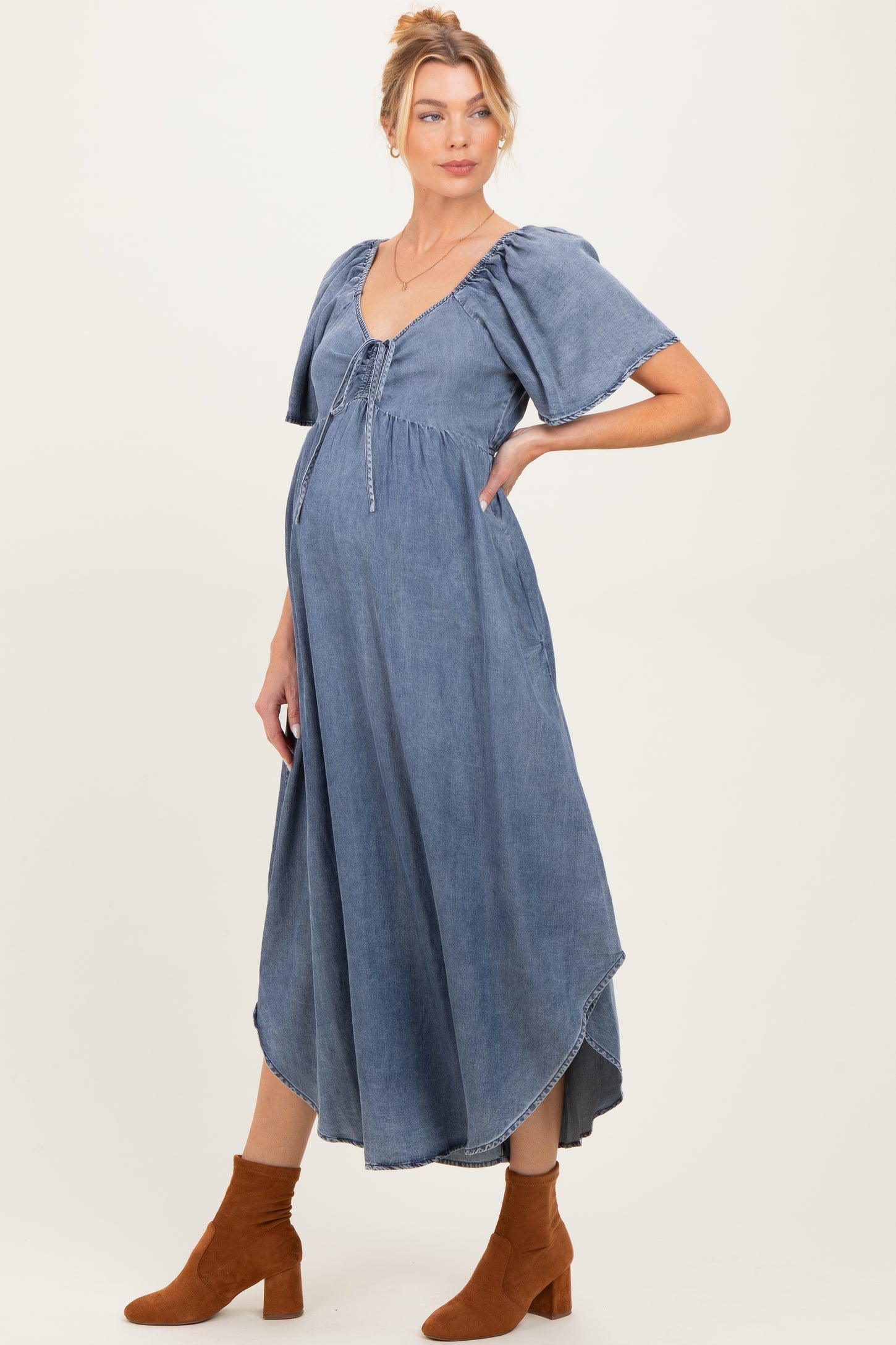 Blue Chambray Cinched Tie Bust Maternity Maxi Dress