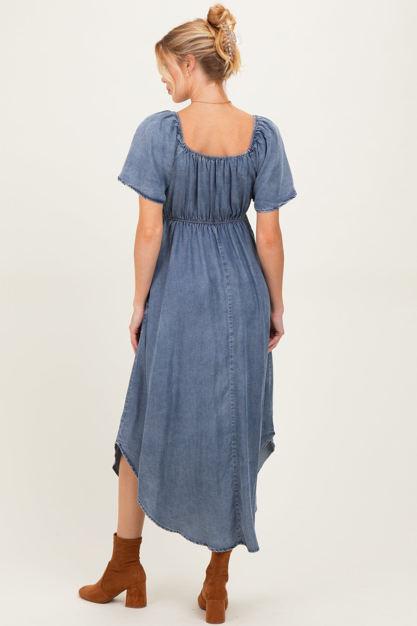 Blue Chambray Cinched Tie Bust Maternity Maxi Dress