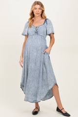 Light Blue Chambray Cinched Tie Bust Maternity Maxi Dress