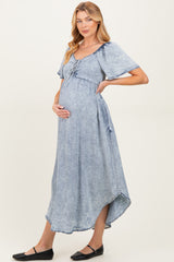 Light Blue Chambray Cinched Tie Bust Maternity Maxi Dress