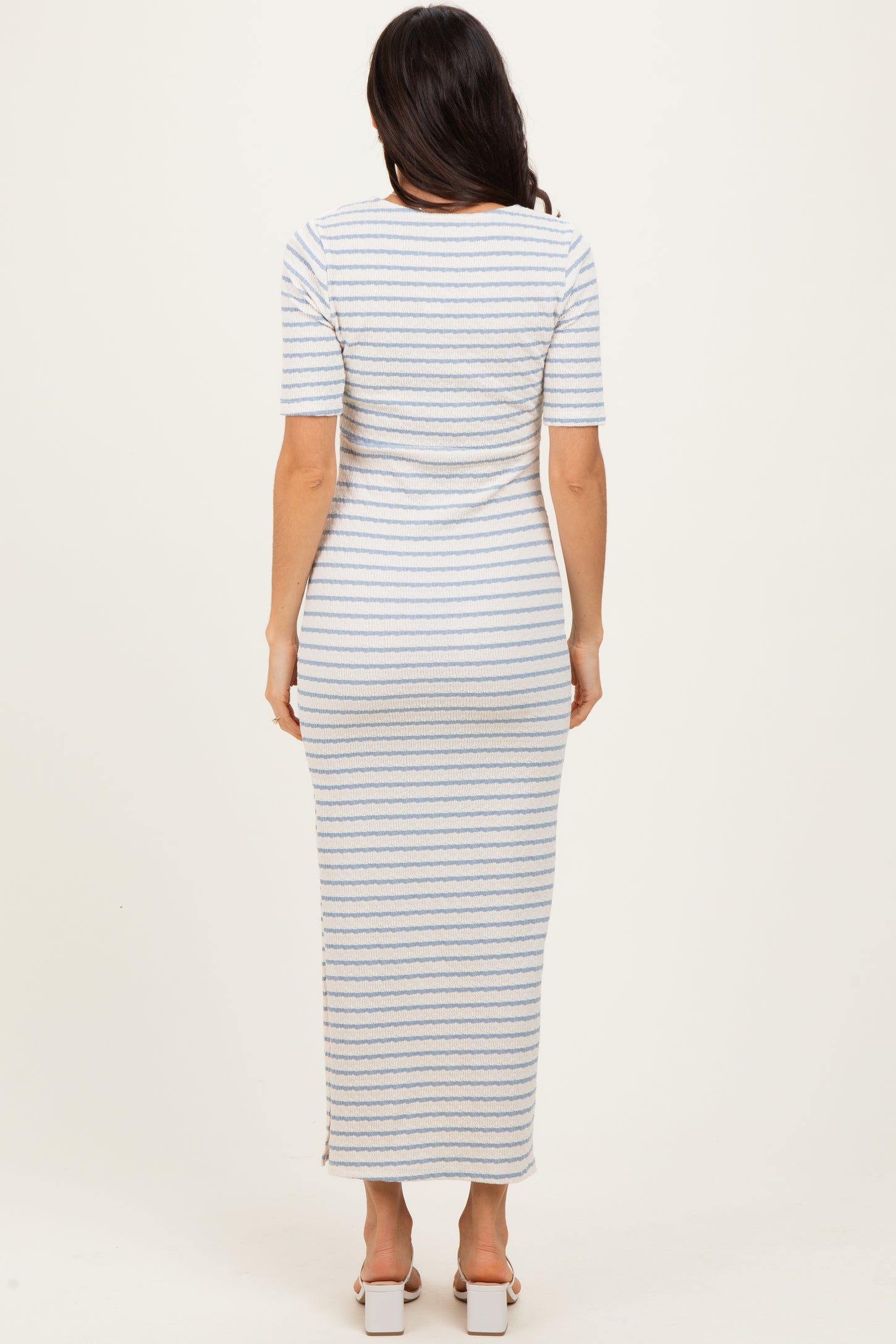 Cream/ Blue Striped Knit Short Sleeve Maxi Dress