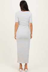 Cream/ Blue Striped Knit Short Sleeve Maxi Dress