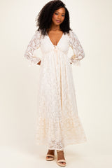 Ivory Floral Lace 3/4 Ruffle Sleeve V-Neck Maxi Dress