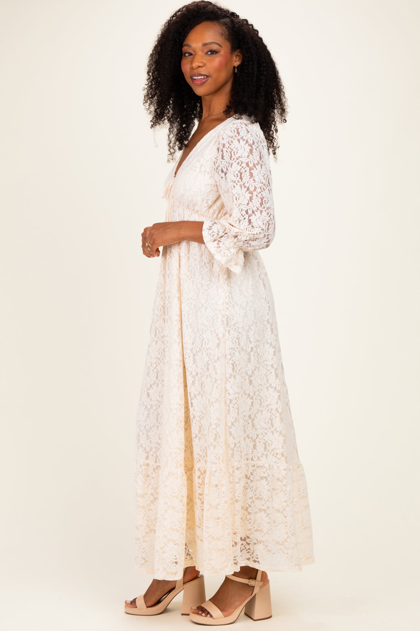 Ivory Floral Lace 3/4 Ruffle Sleeve V-Neck Maxi Dress