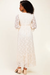 Ivory Floral Lace 3/4 Ruffle Sleeve V-Neck Maxi Dress
