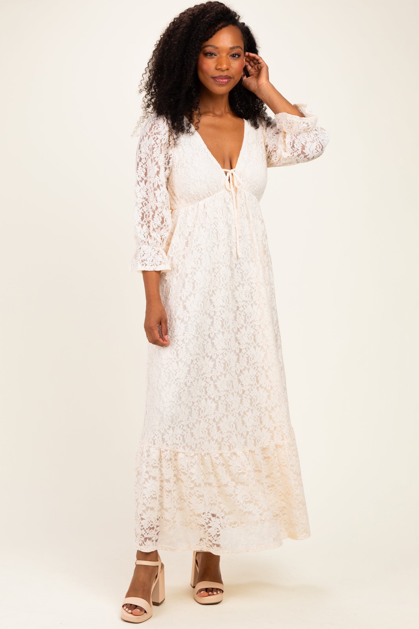 Ivory Floral Lace 3/4 Ruffle Sleeve V-Neck Maxi Dress