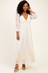 Ivory Floral Lace 3/4 Ruffle Sleeve V-Neck Maxi Dress