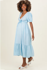 Light Blue Polka Dot Short Sleeve Lace V-Neck Ruffle Hem Maternity Maxi Dress