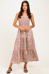Mauve/ Blue Vintage Floral Sleeveless Tiered Maternity Maxi Dress