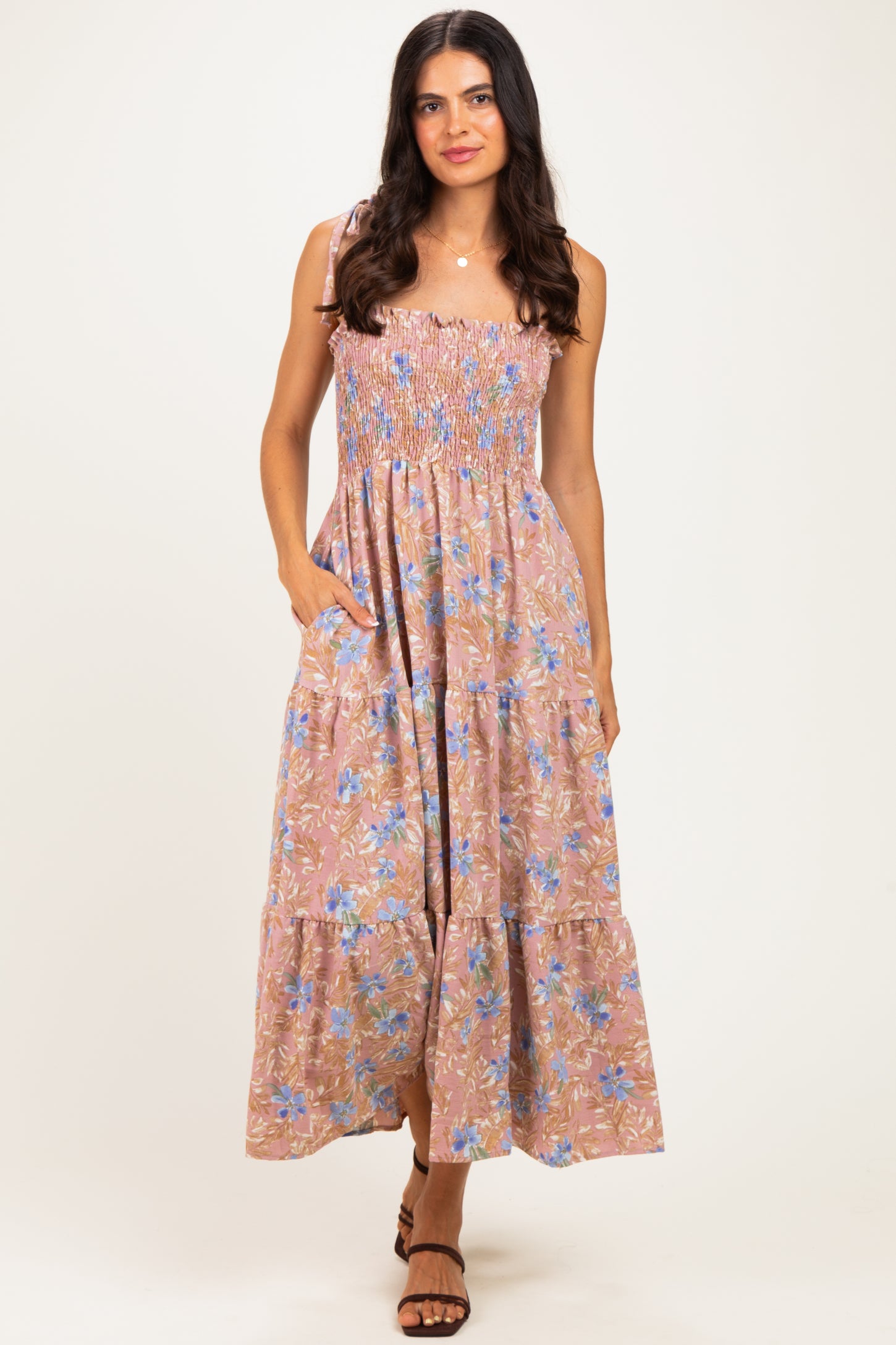Mauve/ Blue Vintage Floral Sleeveless Tiered Maxi Dress