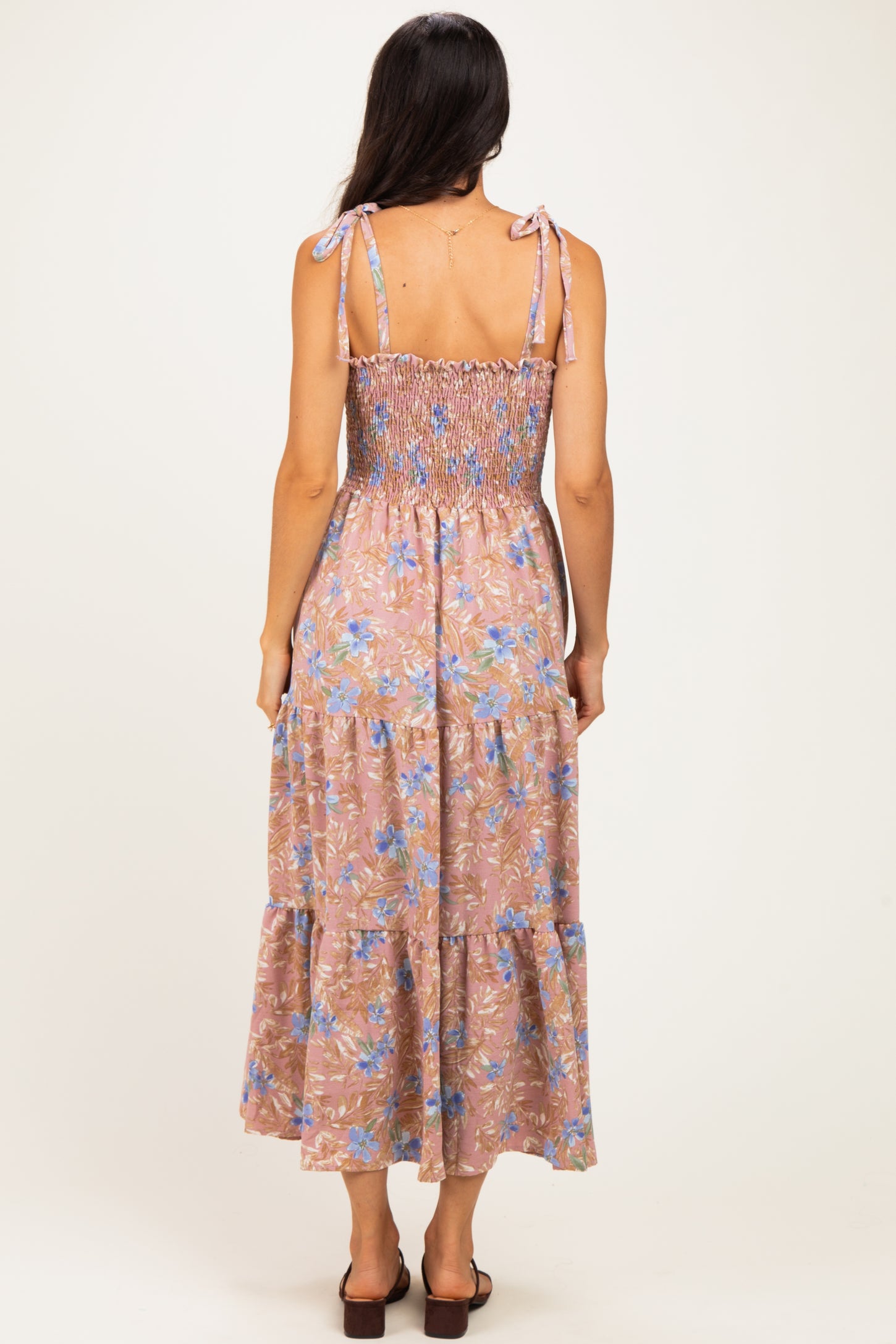 Mauve/ Blue Vintage Floral Sleeveless Tiered Maxi Dress