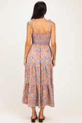 Mauve/ Blue Vintage Floral Sleeveless Tiered Maxi Dress
