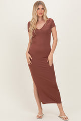Brown Basic Ribbed Side Slit Midi Dress