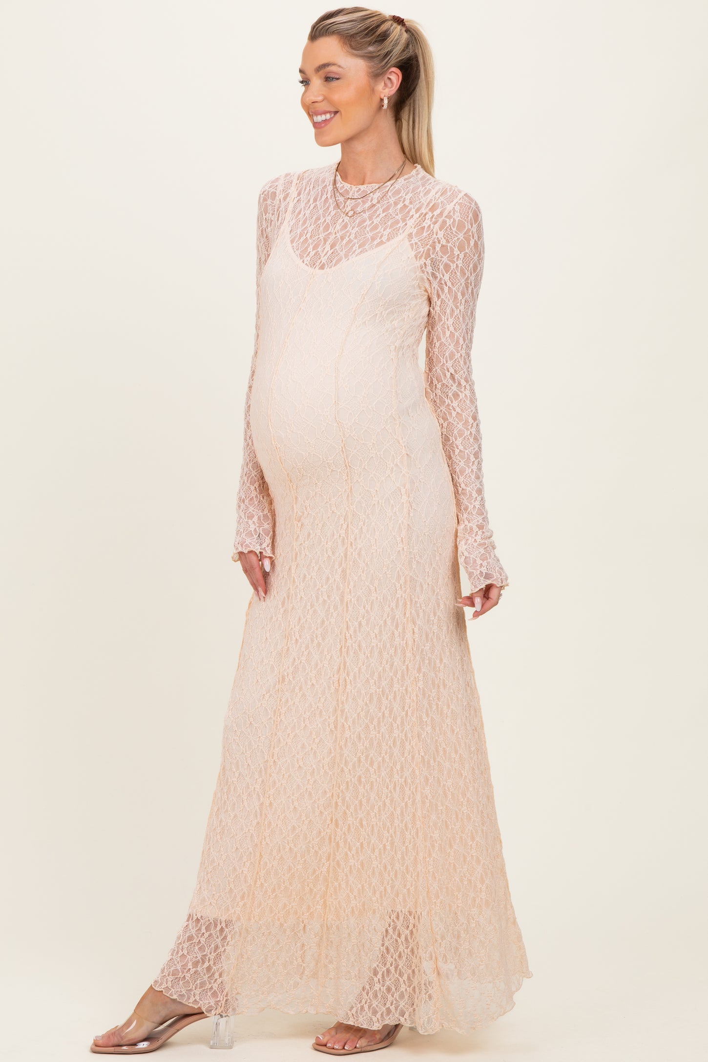 Beige Lace Mock Neck Long Sleeve Maternity Maxi Dress
