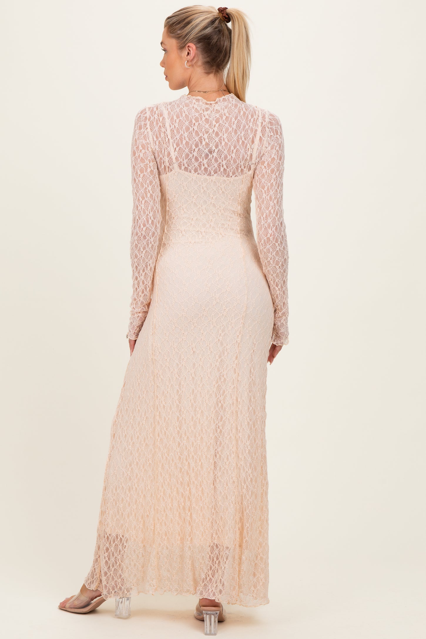 Beige Lace Mock Neck Long Sleeve Maternity Maxi Dress