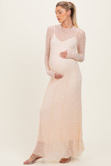 Beige Lace Mock Neck Long Sleeve Maternity Maxi Dress