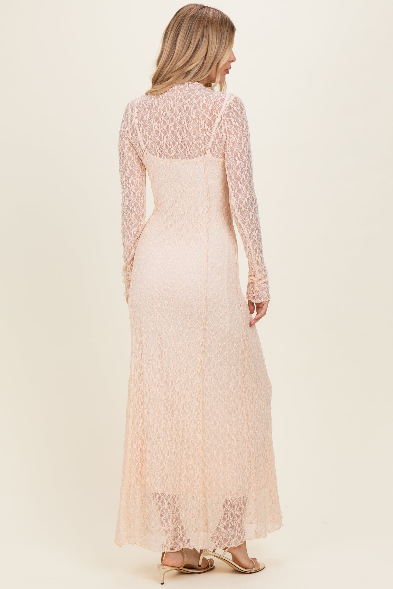 Beige Lace Mock Neck Long Sleeve Maxi Dress