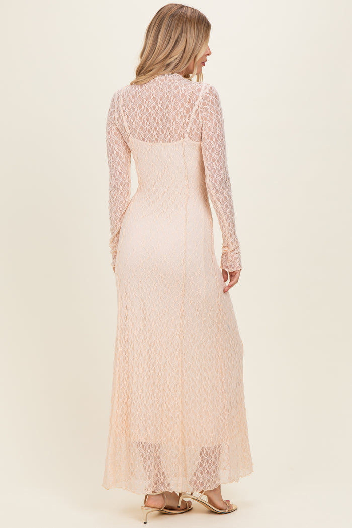Beige Lace Mock Neck Long Sleeve Maxi Dress