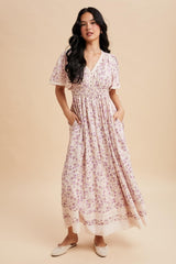 Lavender Floral Lace Trim Flutter Sleeve Maxi Dress