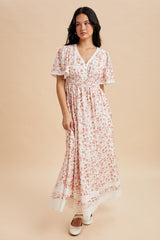 Pink Floral Lace Trim Flutter Sleeve Maxi Dress