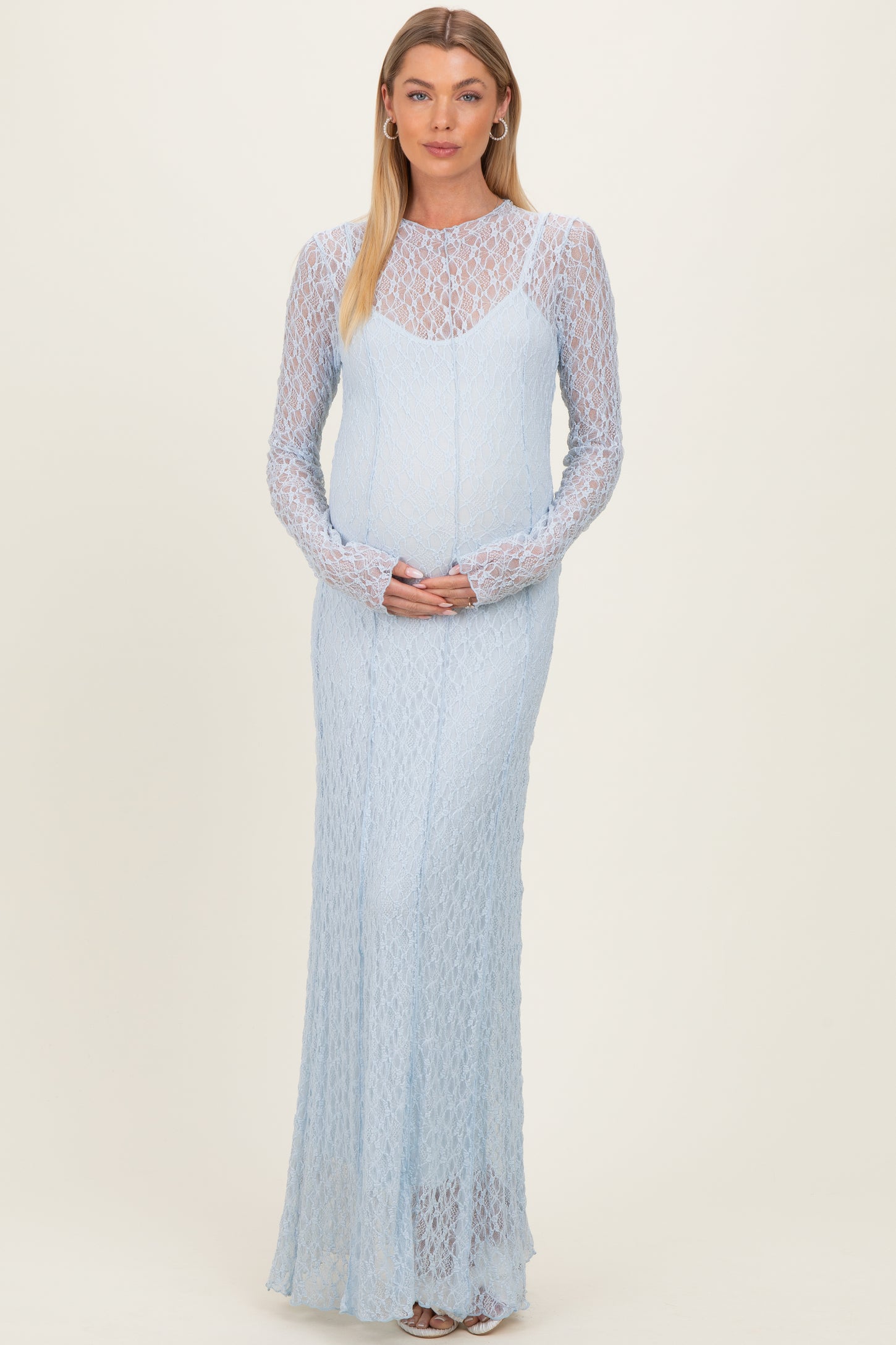 Light Blue Lace Mock Neck Long Sleeve Maternity Maxi Dress