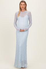 Light Blue Lace Mock Neck Long Sleeve Maternity Maxi Dress